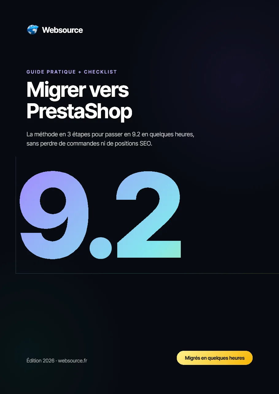 Couverture de l'e-book gratuit Migrer vers PrestaShop 9.2, guide pratique et checklist par Websource