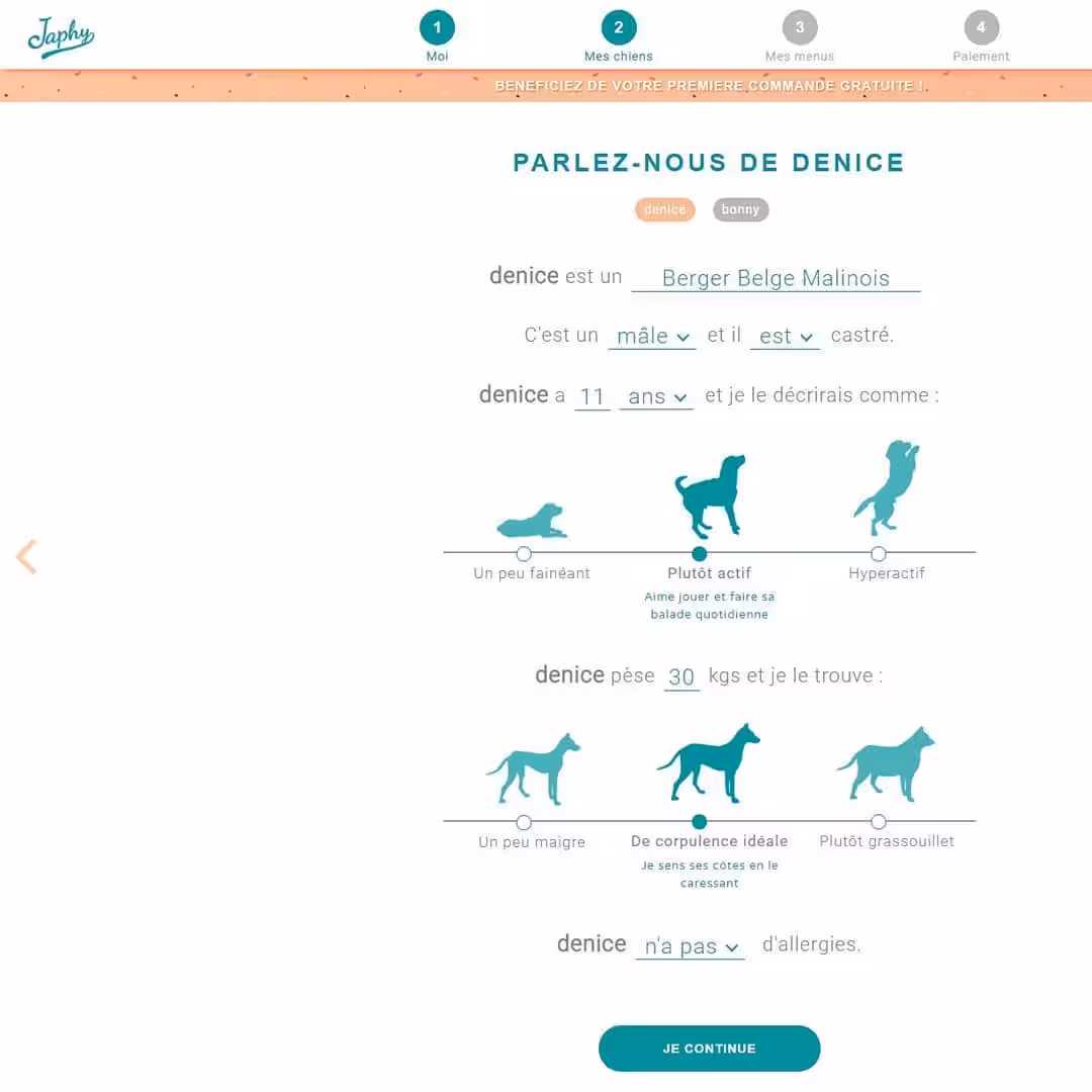 Étape "Mes chiens" du tunnel de commande Japhy, collecte des besoins alimentaires du chien