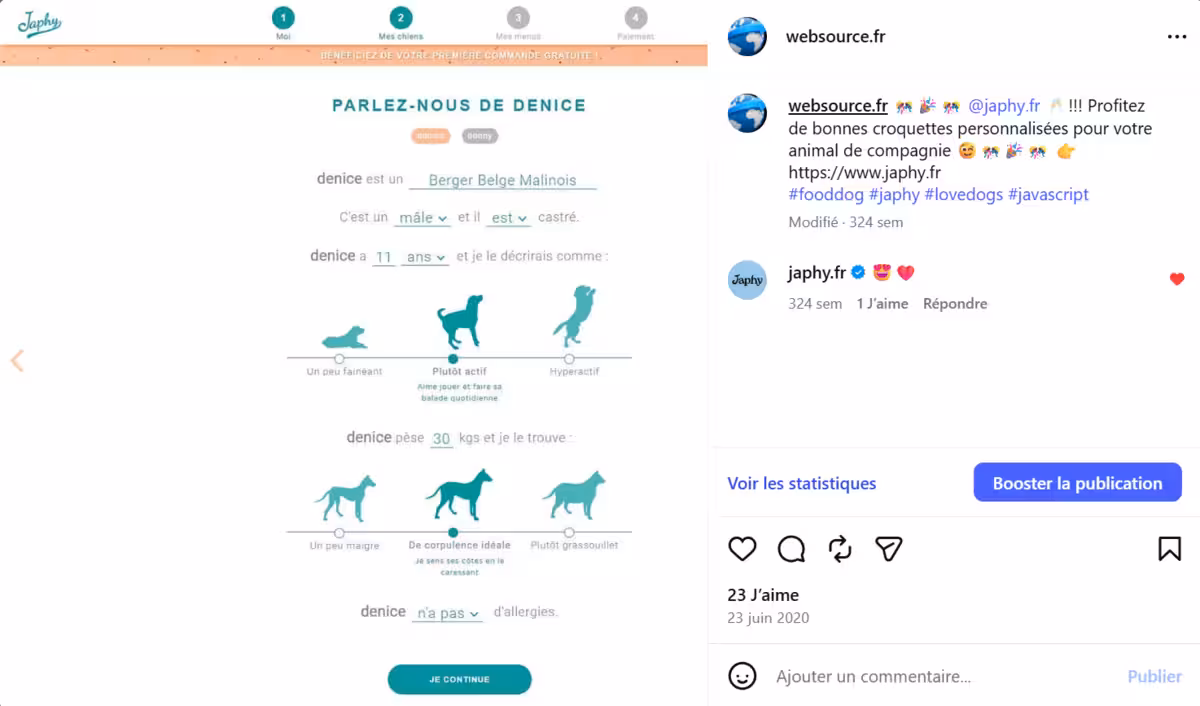 Publication Instagram Websource annonçant le lancement du tunnel de commande Japhy