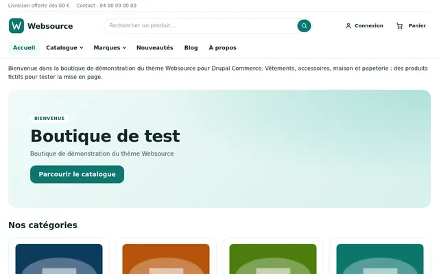 Page d'accueil du thème Drupal Websource : bloc de bienvenue et catégories de produits