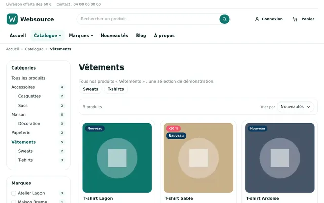 Catalogue du thème Drupal Websource avec l'arbre des catégories, le filtre par marque et le tri