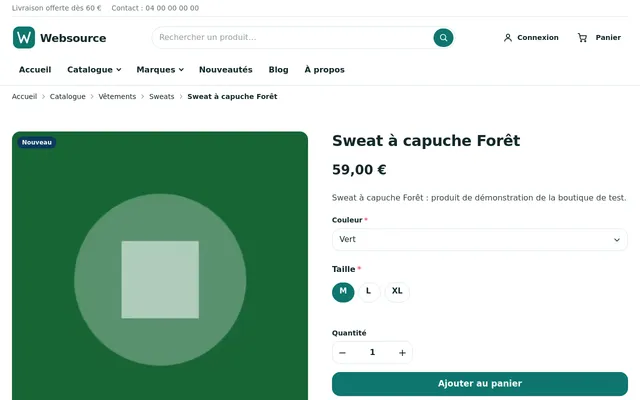 Fiche produit du thème Drupal Websource : choix de la couleur et de la taille, quantité et bouton d'ajout au panier
