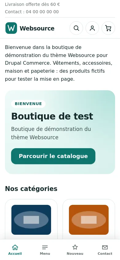 Accueil du thème Drupal Websource sur téléphone, avec la barre de navigation du bas