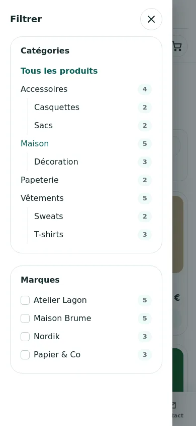 Panneau de filtres du thème Drupal Websource sur téléphone : catégories et marques avec leurs compteurs