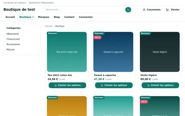 Liste de produits HikaShop avec le template Joomla Websource et la colonne des catégories