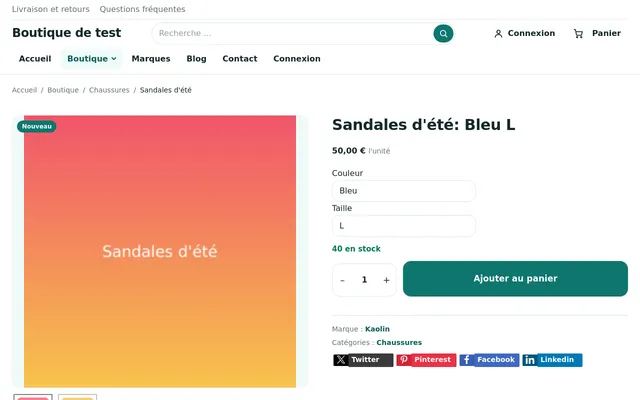 Fiche produit HikaShop avec le template Joomla Websource : variantes, stock et bouton d'ajout au panier
