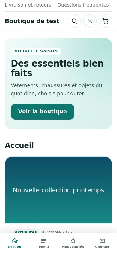 Accueil du template Joomla Websource sur téléphone, avec la barre de navigation du bas