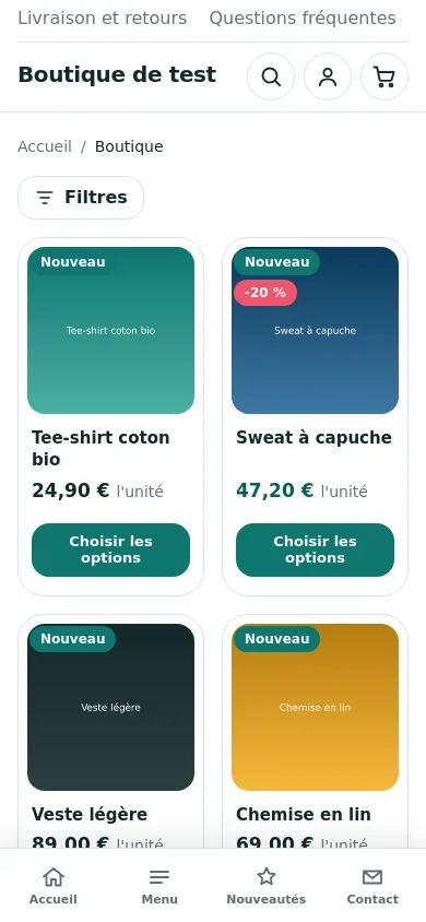 Liste de produits du template Joomla Websource sur téléphone, avec le bouton Filtres