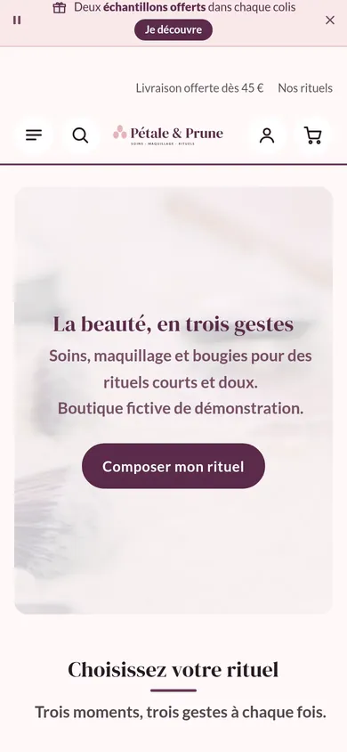 Démo Produits de beauté du thème affichée sur téléphone