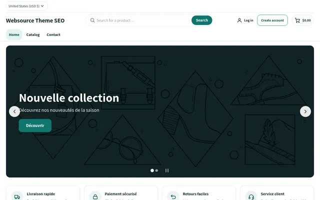 Page d'accueil du thème Shopify Websource : carrousel et section de réassurance