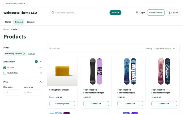 Page de collection du thème Shopify Websource avec un filtre de disponibilité actif, le filtre de prix et le tri