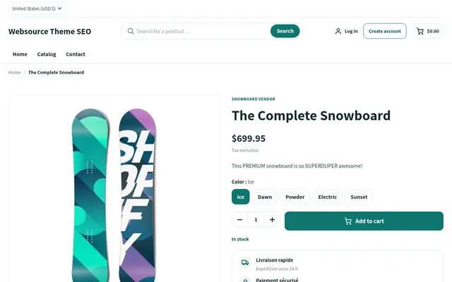 Fiche produit du thème Shopify Websource : variantes en boutons, quantité et bouton d'ajout au panier