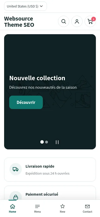 Accueil du thème Shopify Websource sur téléphone, avec la barre de navigation du bas