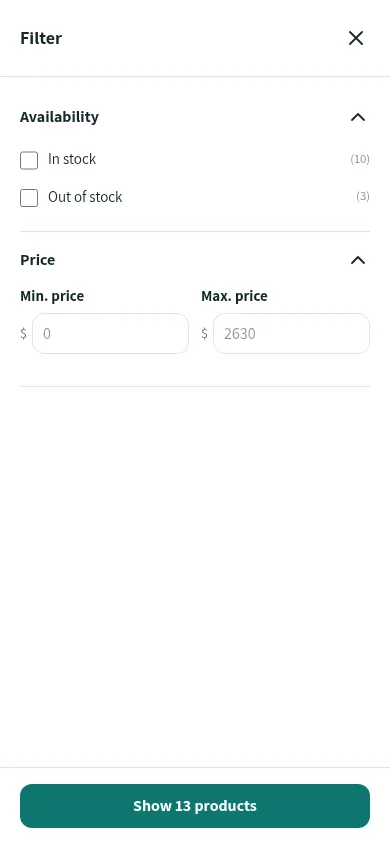 Filtres de collection du thème Shopify Websource ouverts en panneau push sur téléphone