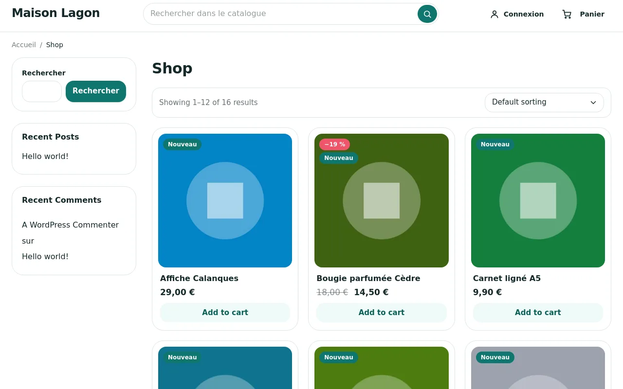Liste de produits du thème WordPress gratuit Websource, avec la colonne de la boutique
