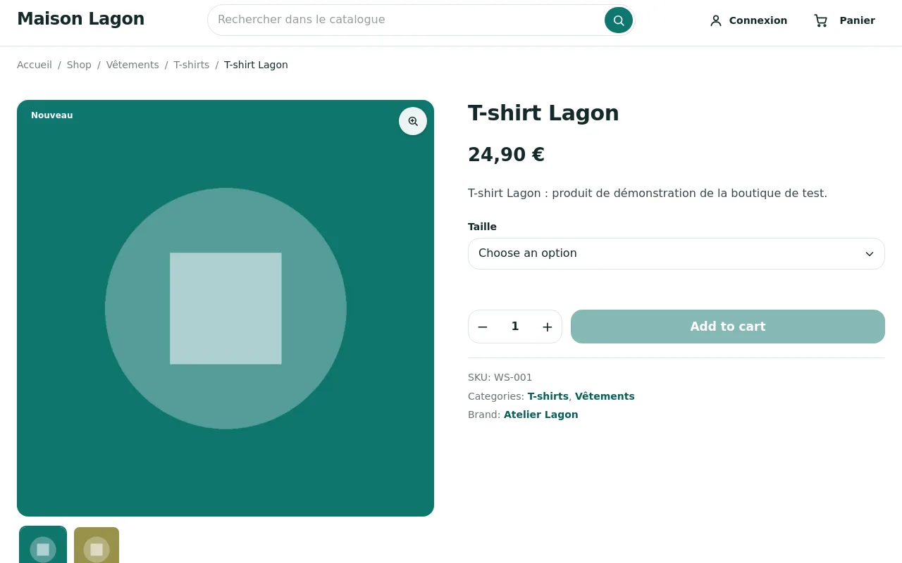 Fiche produit du thème WordPress gratuit Websource : galerie, prix, bouton d'ajout au panier et détails en onglets