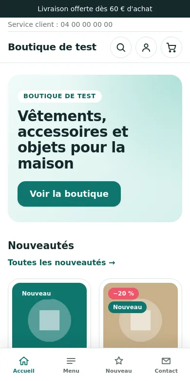 Accueil du thème WordPress Websource sur téléphone, avec la barre de navigation du bas