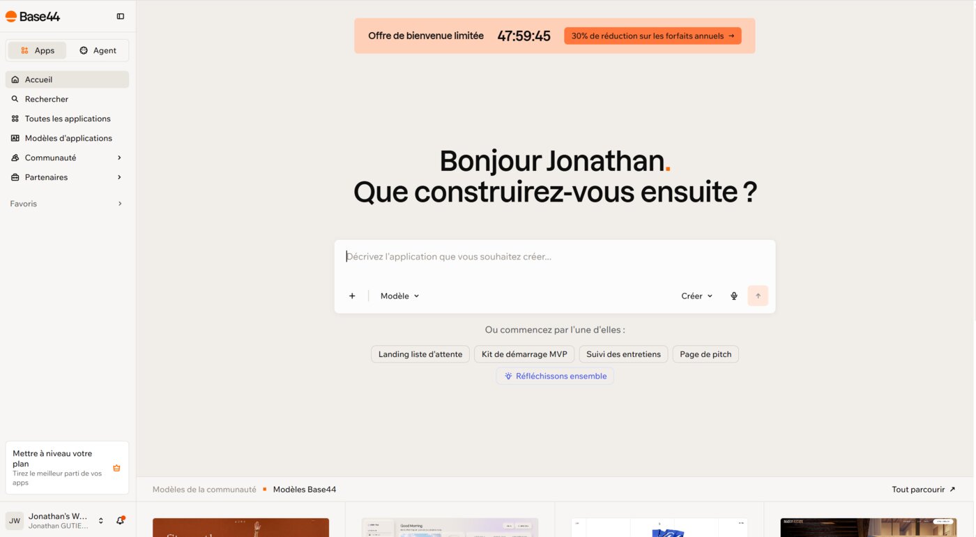 Tableau de bord d'accueil de Base44 lors de notre test