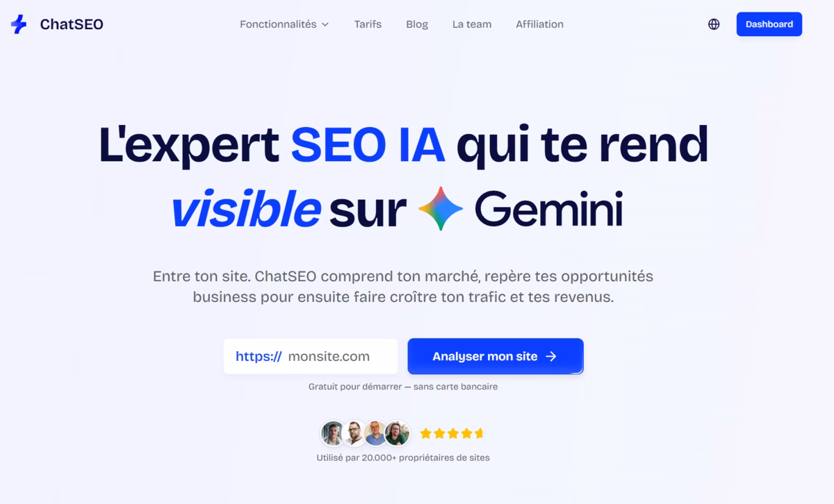Page d'accueil de ChatSEO, avec le champ pour analyser un site et le positionnement sur la visibilité IA/Gemini