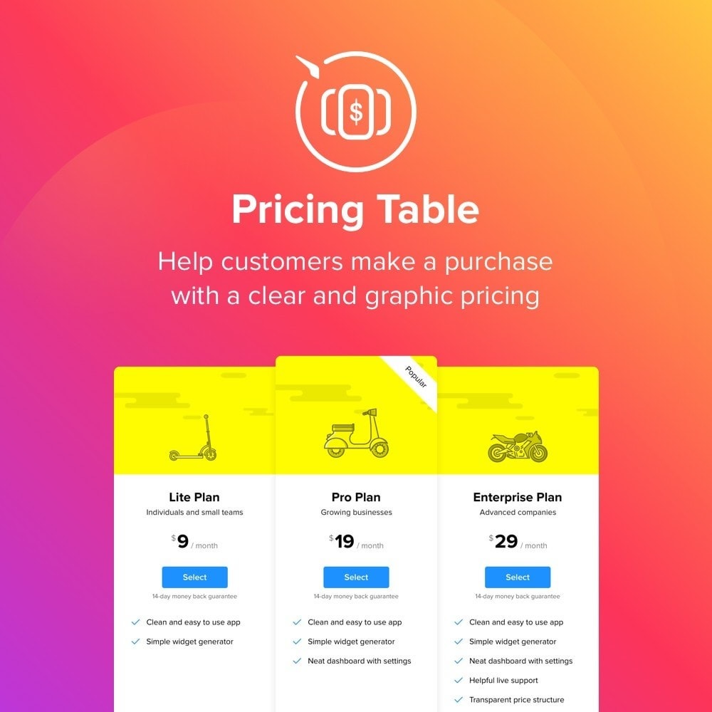 Module Elfsight Pricing Table