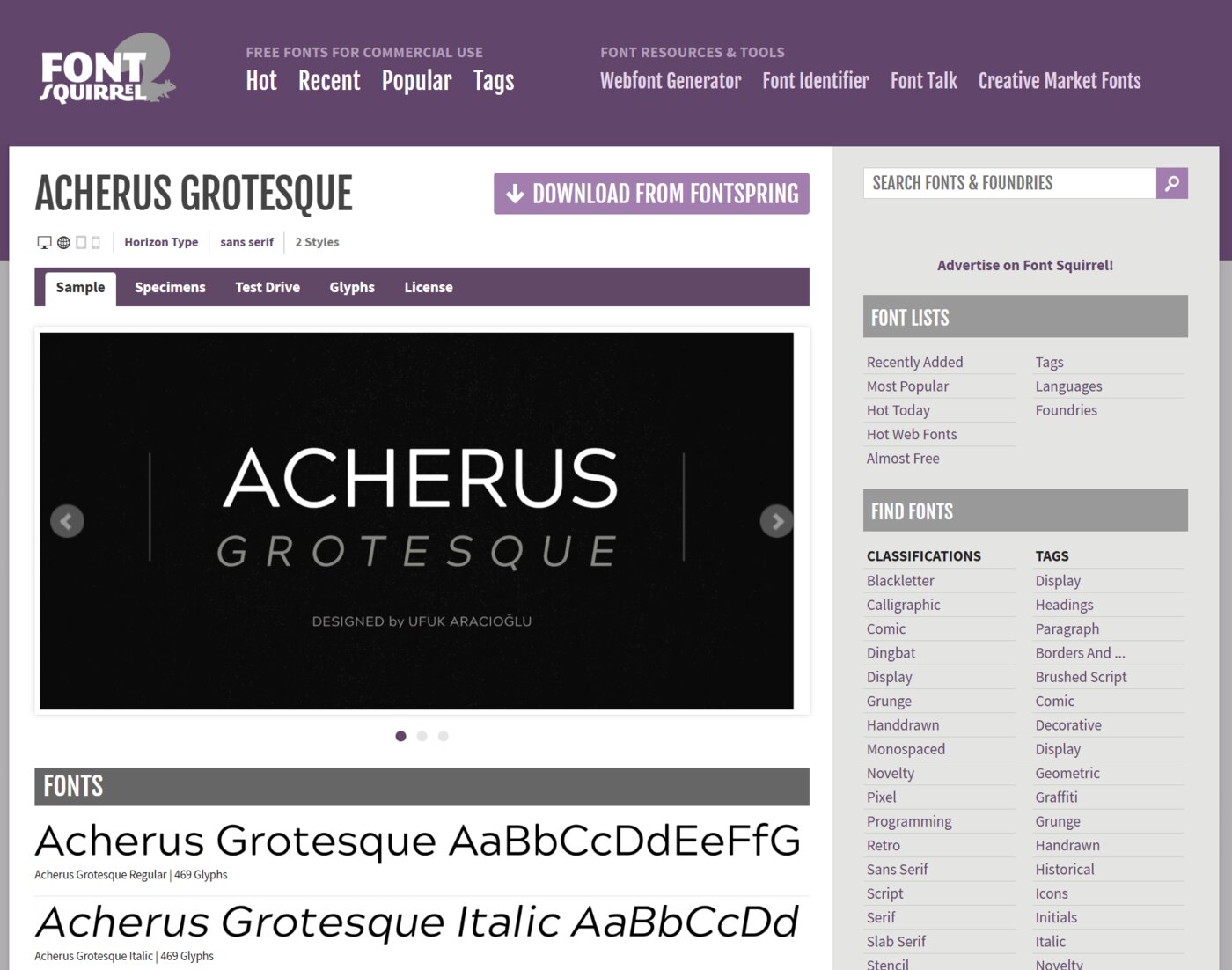 Page d'accueil de Font Squirrel lors de notre test