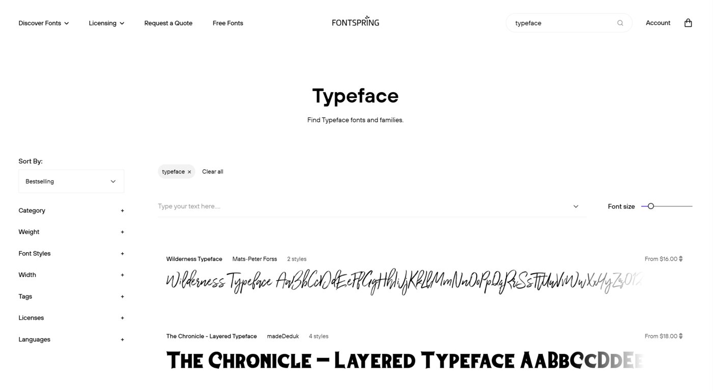 Page d'accueil de Fontspring lors de notre test