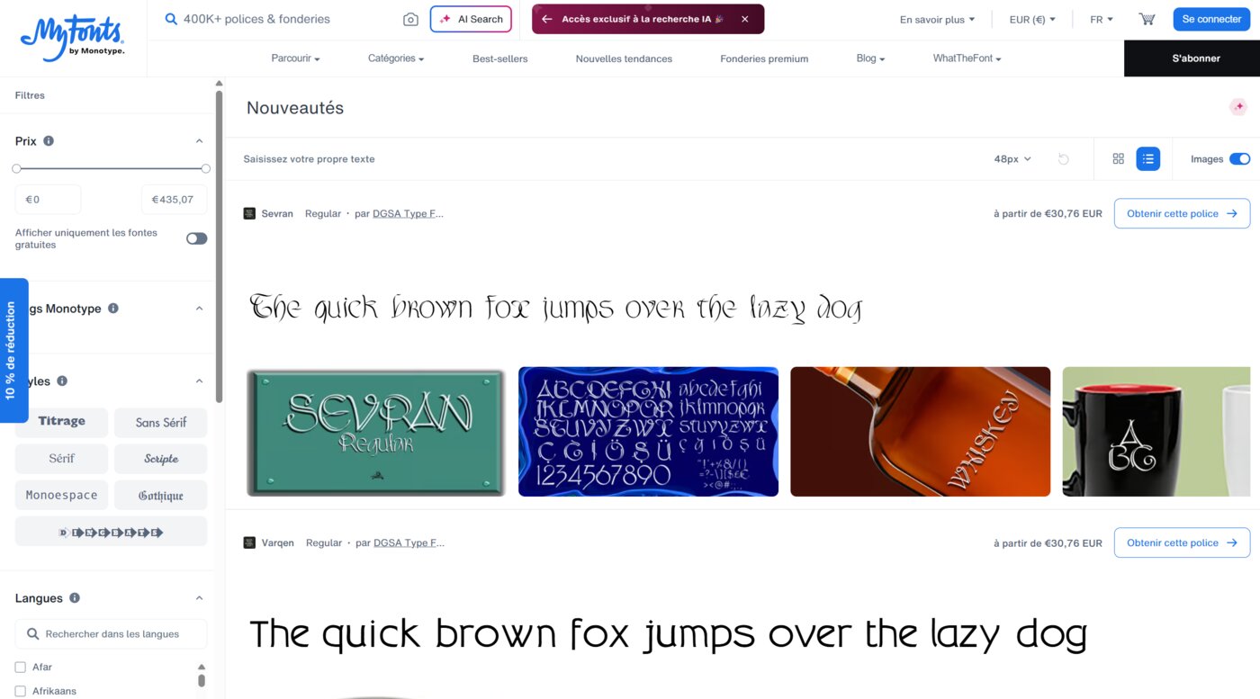 Page d'accueil de MyFonts lors de notre test
