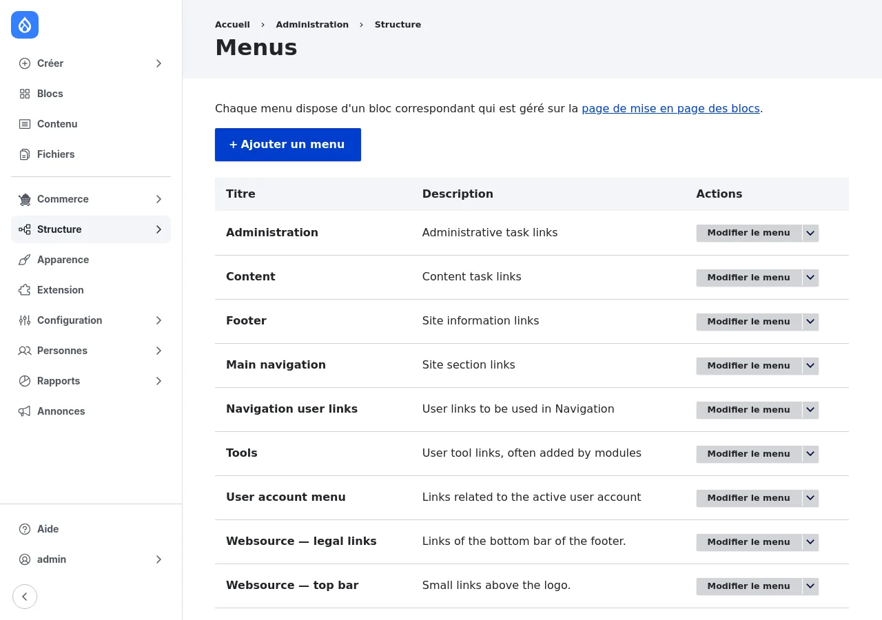 Liste des menus, dont les deux menus créés par le thème