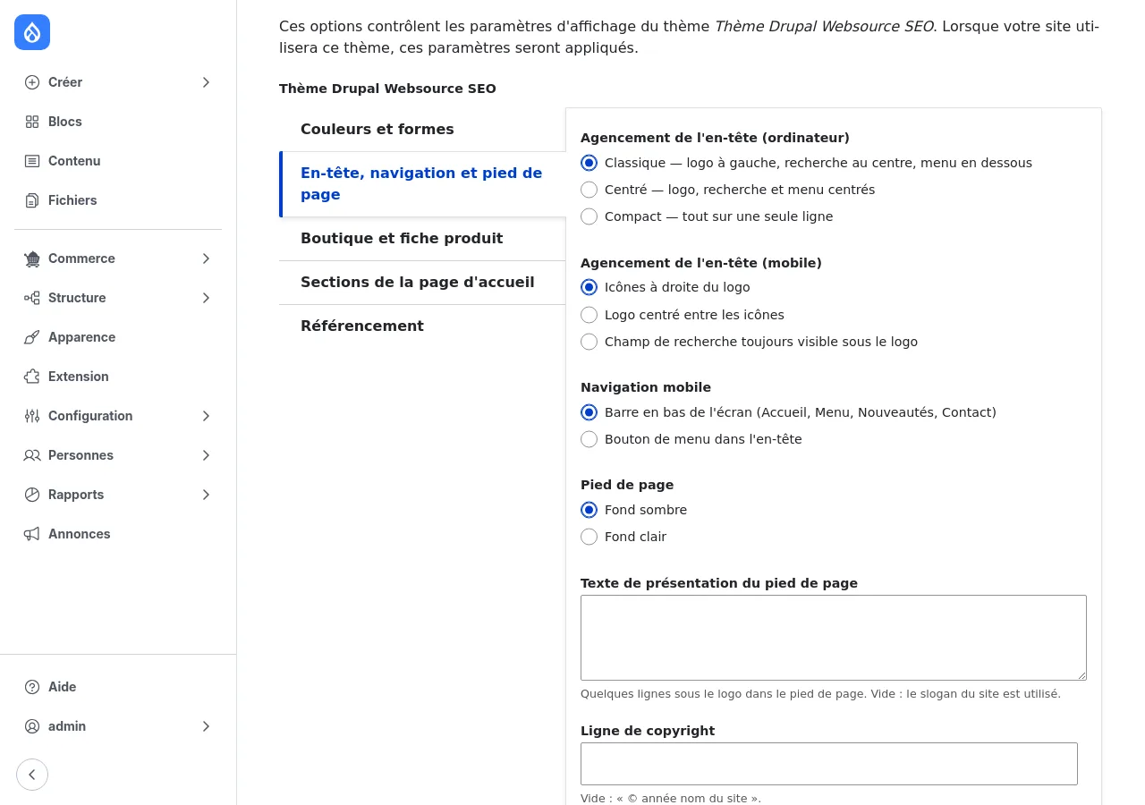 Onglet En-tête, navigation et pied de page