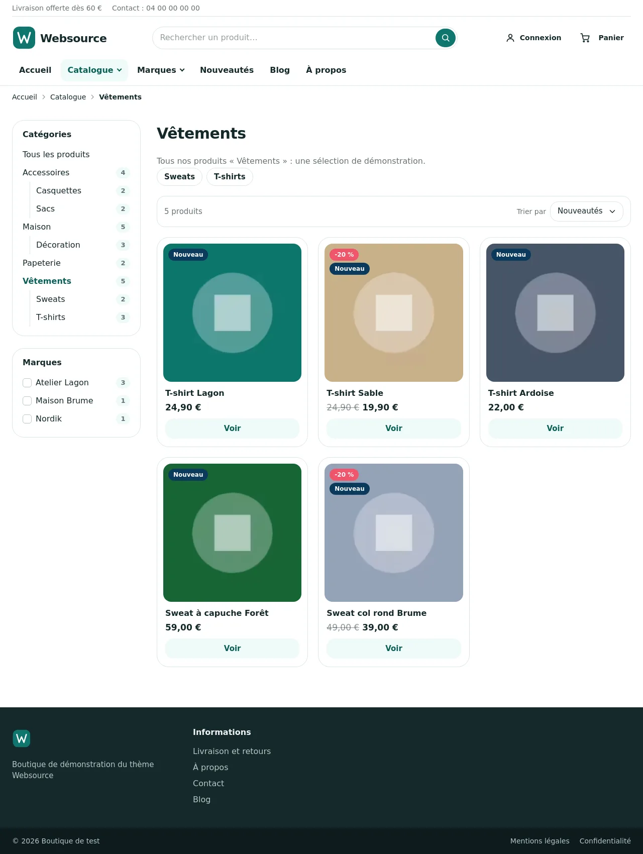 Catalogue avec la colonne de filtres, le tri et les cartes produit