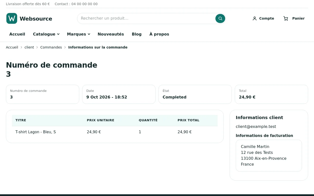 Détail d'une commande dans l'espace client