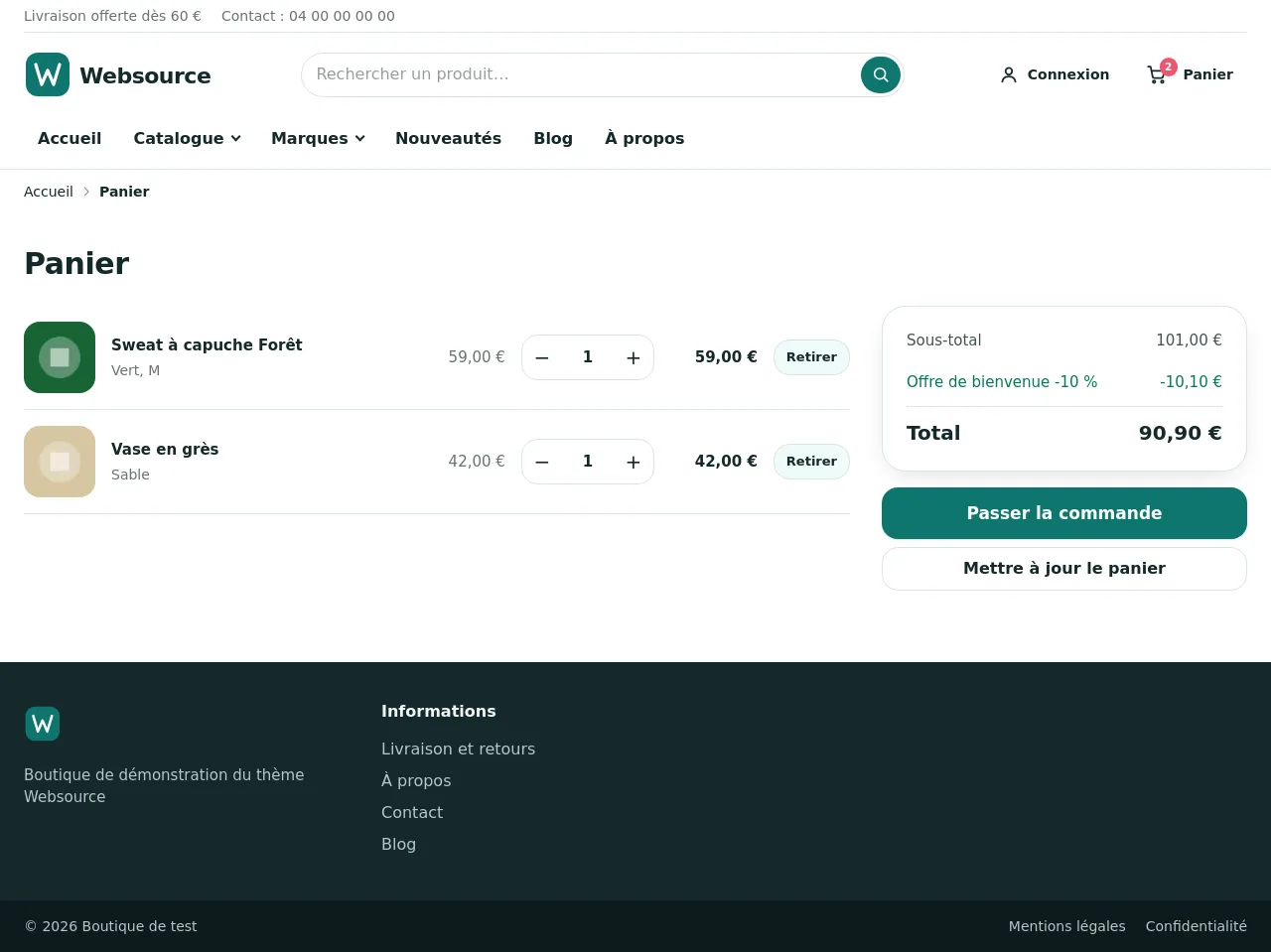Panier avec deux articles et la carte du total