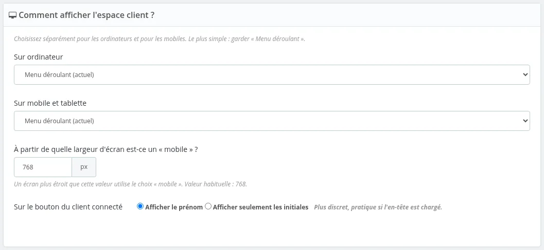 Panneau « Comment afficher l'espace client ? » : mode sur ordinateur, mode sur mobile, largeur de bascule et contenu du bouton