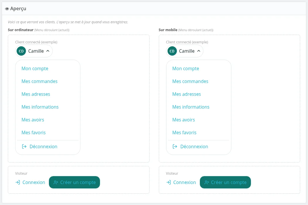 Panneau « Aperçu » : le bloc sur ordinateur et sur mobile, pour un client connecté et pour un visiteur