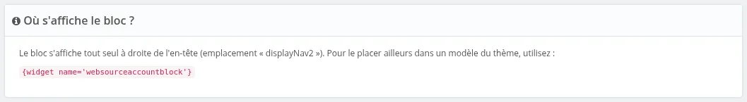 Panneau « Où s'affiche le bloc ? » avec le code du widget