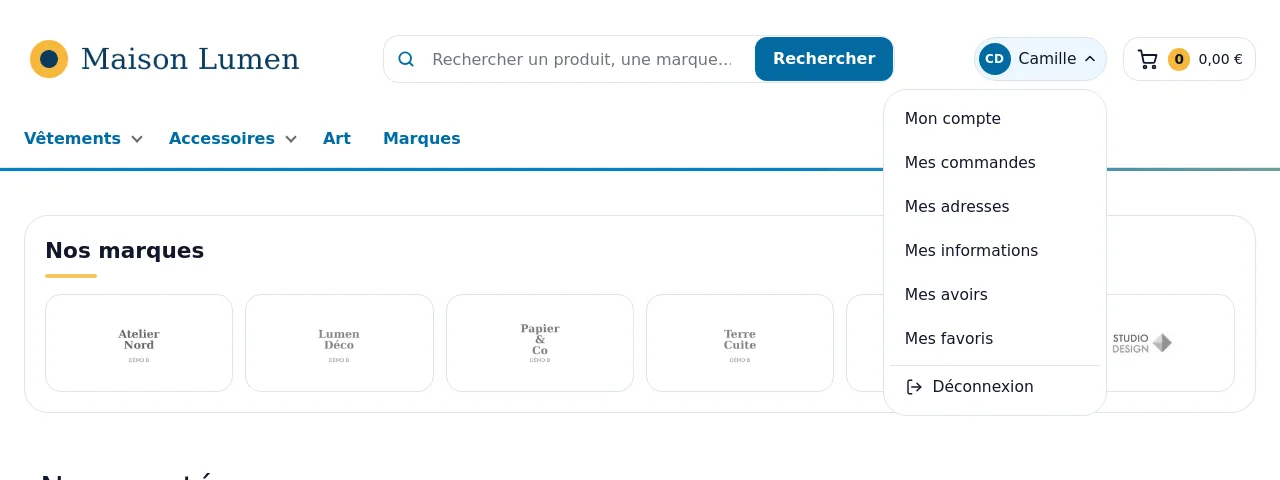 En-tête pour un client connecté : bouton « CD Camille » et menu déroulant ouvert, de « Mon compte » à « Déconnexion »