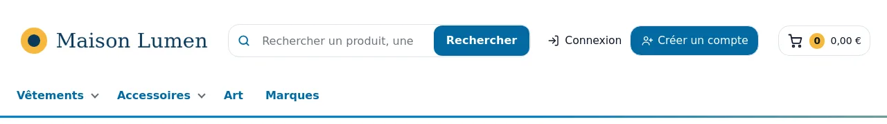 En-tête de la boutique de test pour un visiteur : liens « Connexion » et « Créer un compte » à gauche du panier