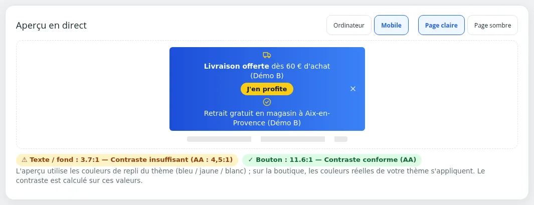 Aperçu « Mobile » avec un avis de contraste insuffisant