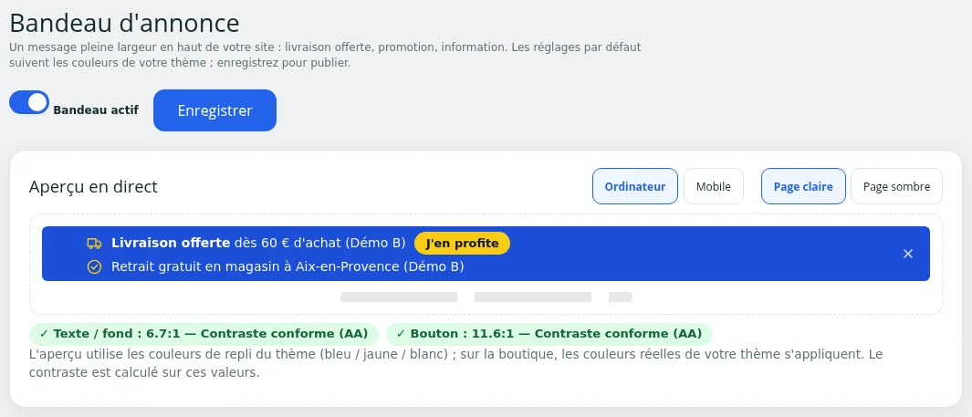 Haut de la page de réglages : interrupteur « Bandeau actif », bouton « Enregistrer » et aperçu en direct
