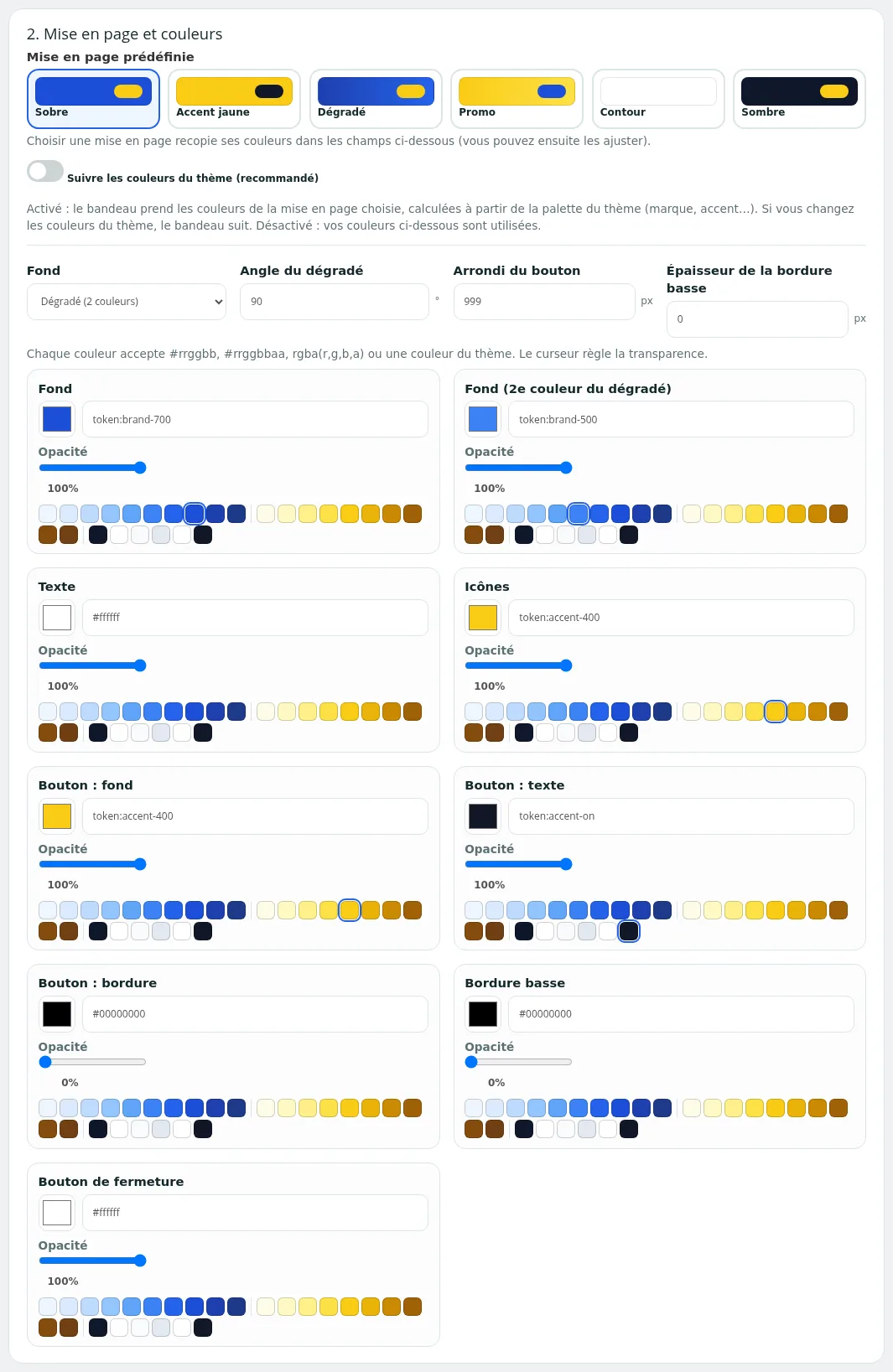 Couleurs personnalisées : fond en dégradé, pastilles de couleurs du thème et curseurs d'opacité