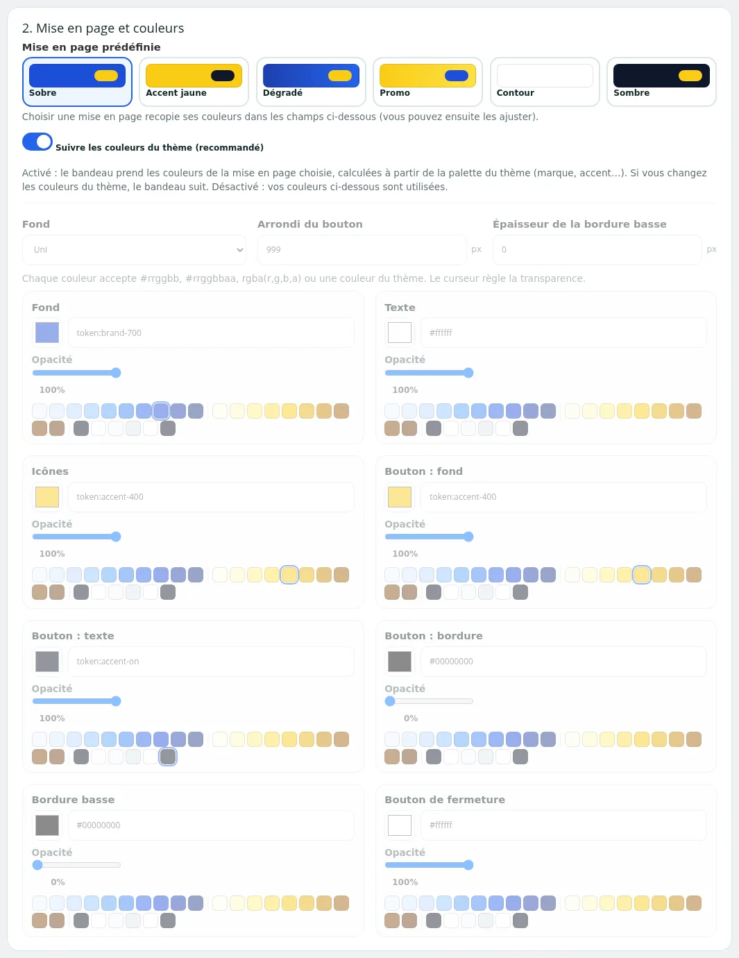 Section « 2. Mise en page et couleurs » : six mises en page et option « Suivre les couleurs du thème »
