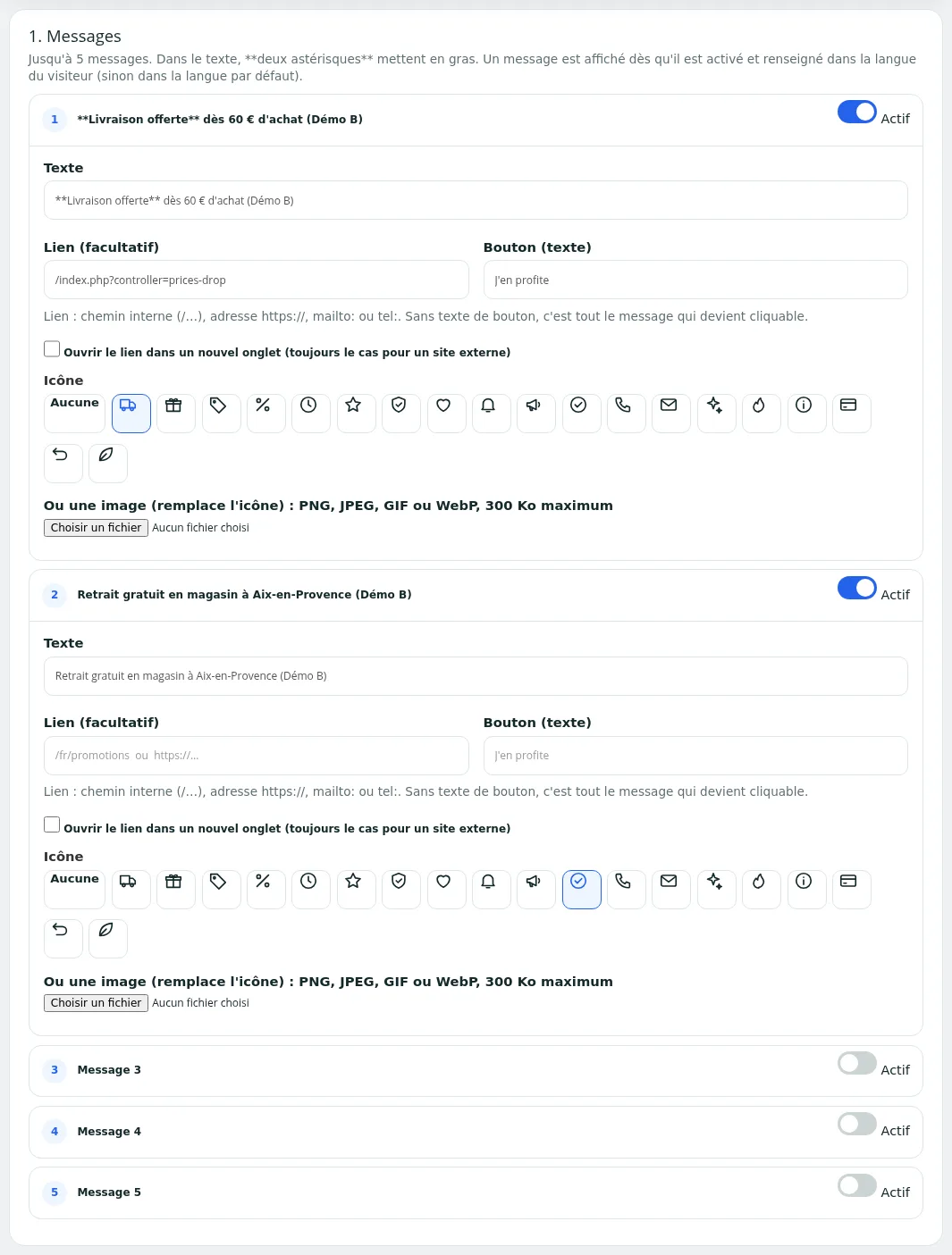 Section « 1. Messages » avec deux messages actifs