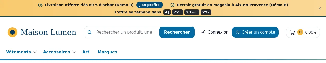 Mise en page « Promo » : deux messages côte à côte et compte à rebours