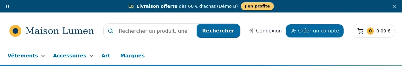 Bandeau « Sobre » au-dessus de l'en-tête, avec bouton et croix de fermeture