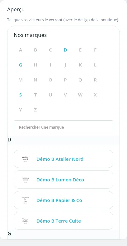 Aperçu en direct de la liste alphabétique avec ses lettres et sa recherche
