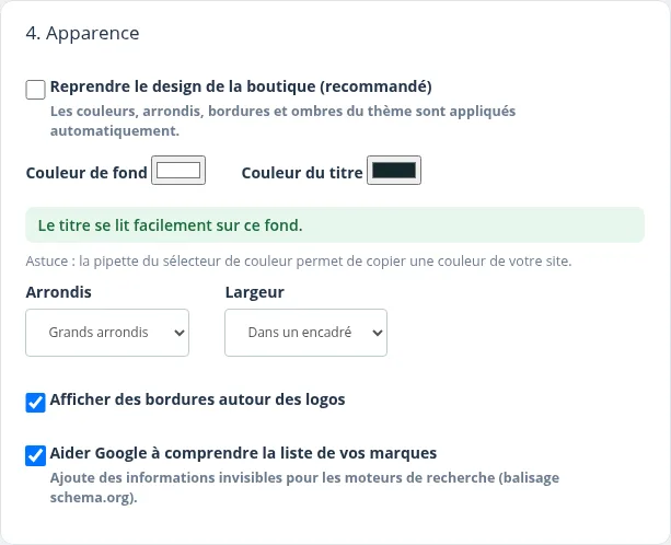 Étape 4 avec les couleurs personnalisées : fond, titre, arrondis, largeur, bordures
