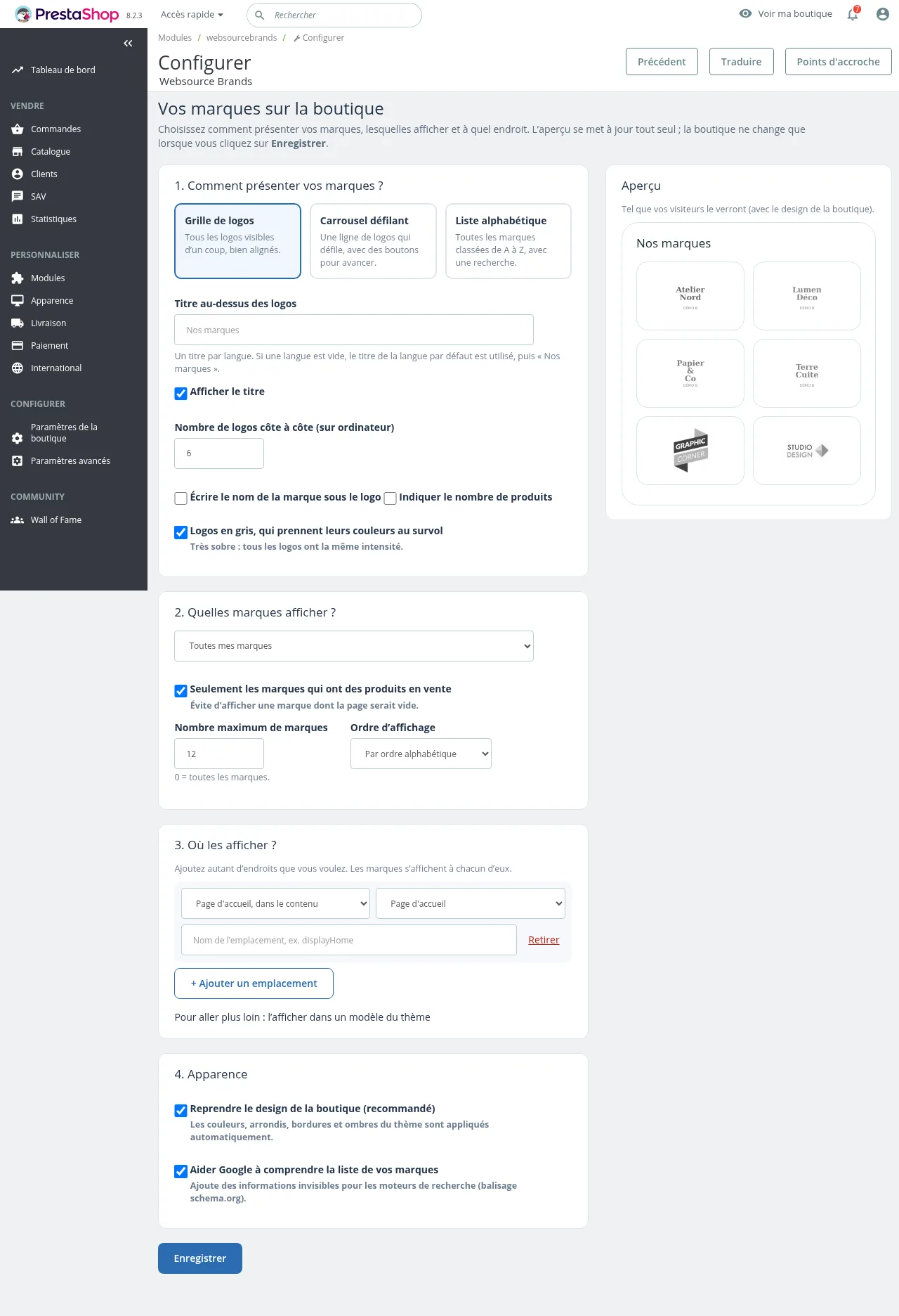 Page de configuration complète du module, avec l'aperçu à droite