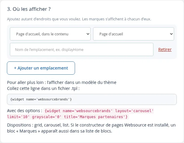 Volet « Pour aller plus loin » : code widget à coller dans un modèle du thème