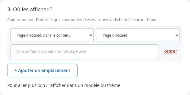 Étape 3 : emplacements, pages concernées et bouton d'ajout