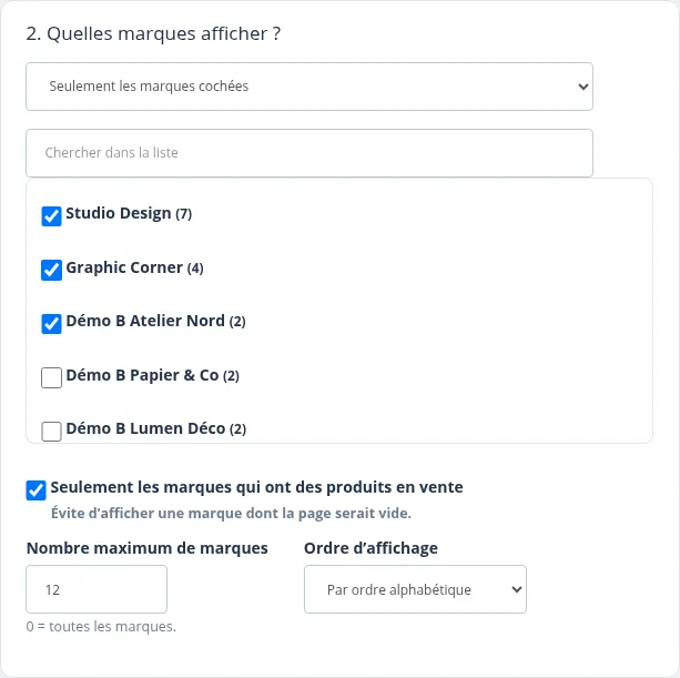 Liste des marques à cocher, avec recherche et nombre de produits